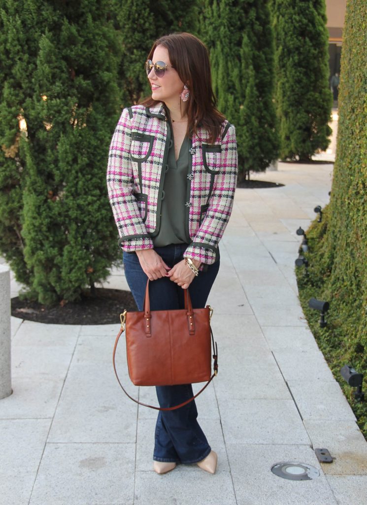 Houston Fashion Blogger shares a fall outfit idea with flared jeans and a vintage tweed jacket.