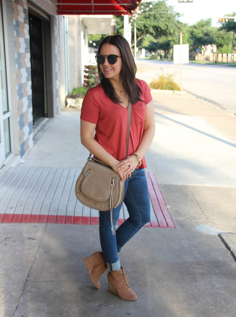 Casual weekend outfit from Nordstrom featuring an orange casual tee under 20 and cuffed jeans with booties.