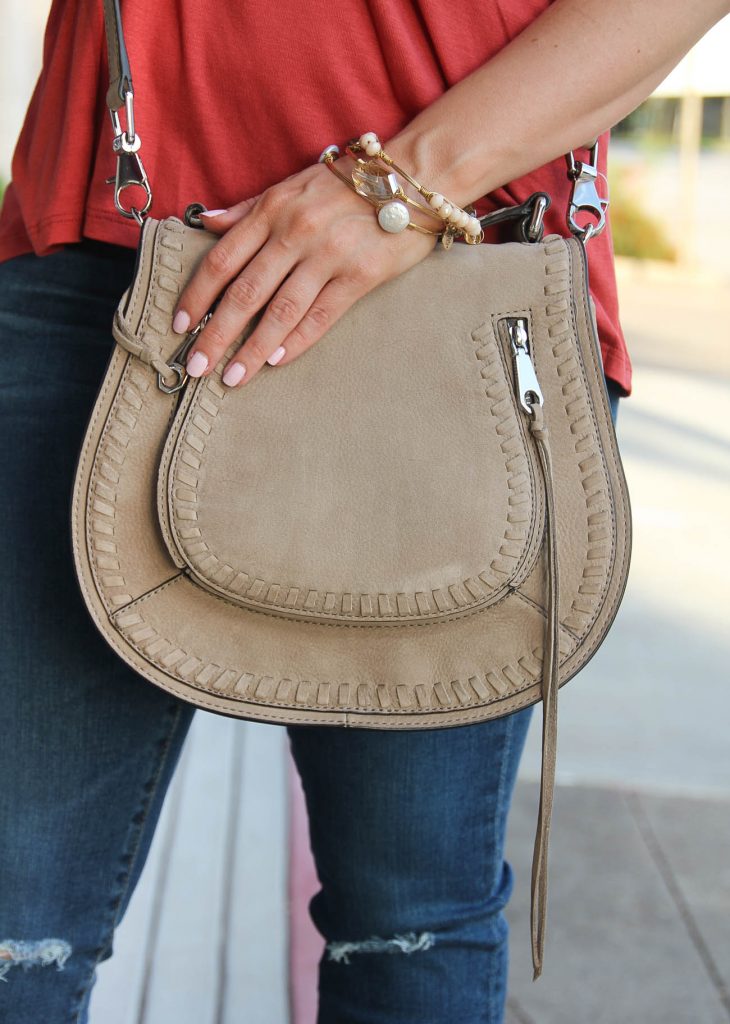 LadyinViolet wears the Bourbon and Bowties bangles with the Rebecca Minkoff Sandstone purse.