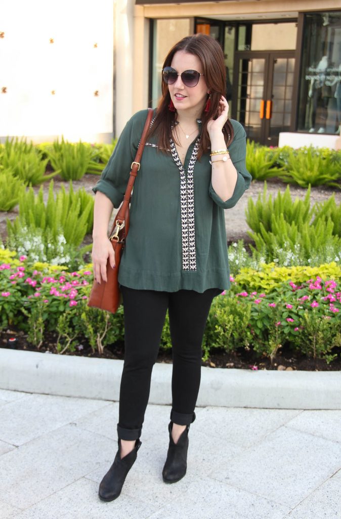 Casual Fall Outfit ideas featuring an olive tunic paired with skinny jeans and black booties