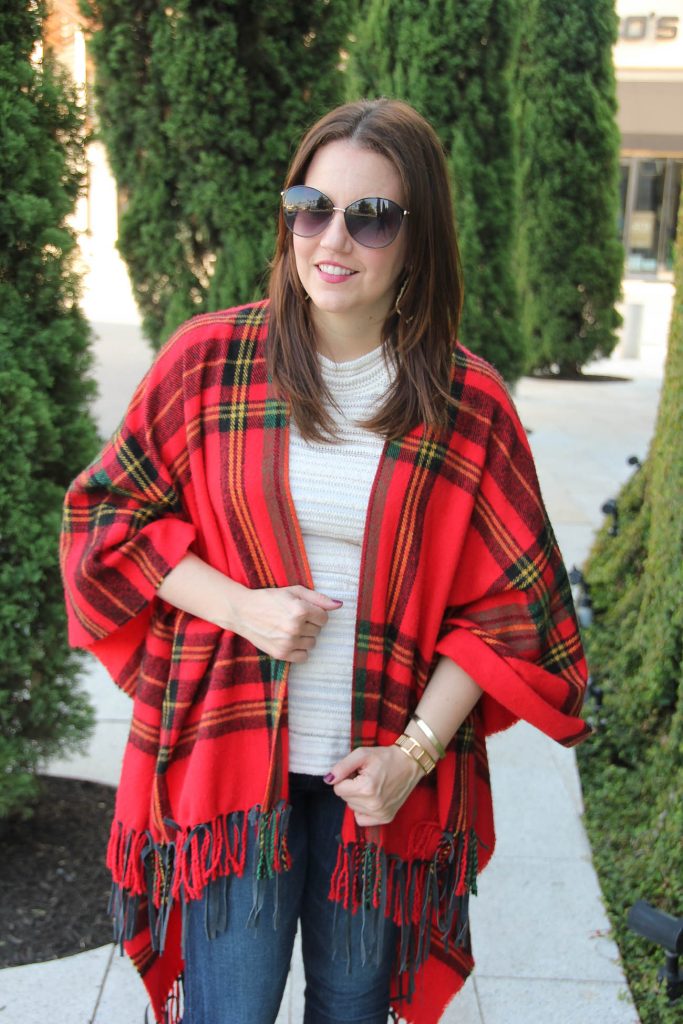 vintage red plaid blanket poncho with fringe