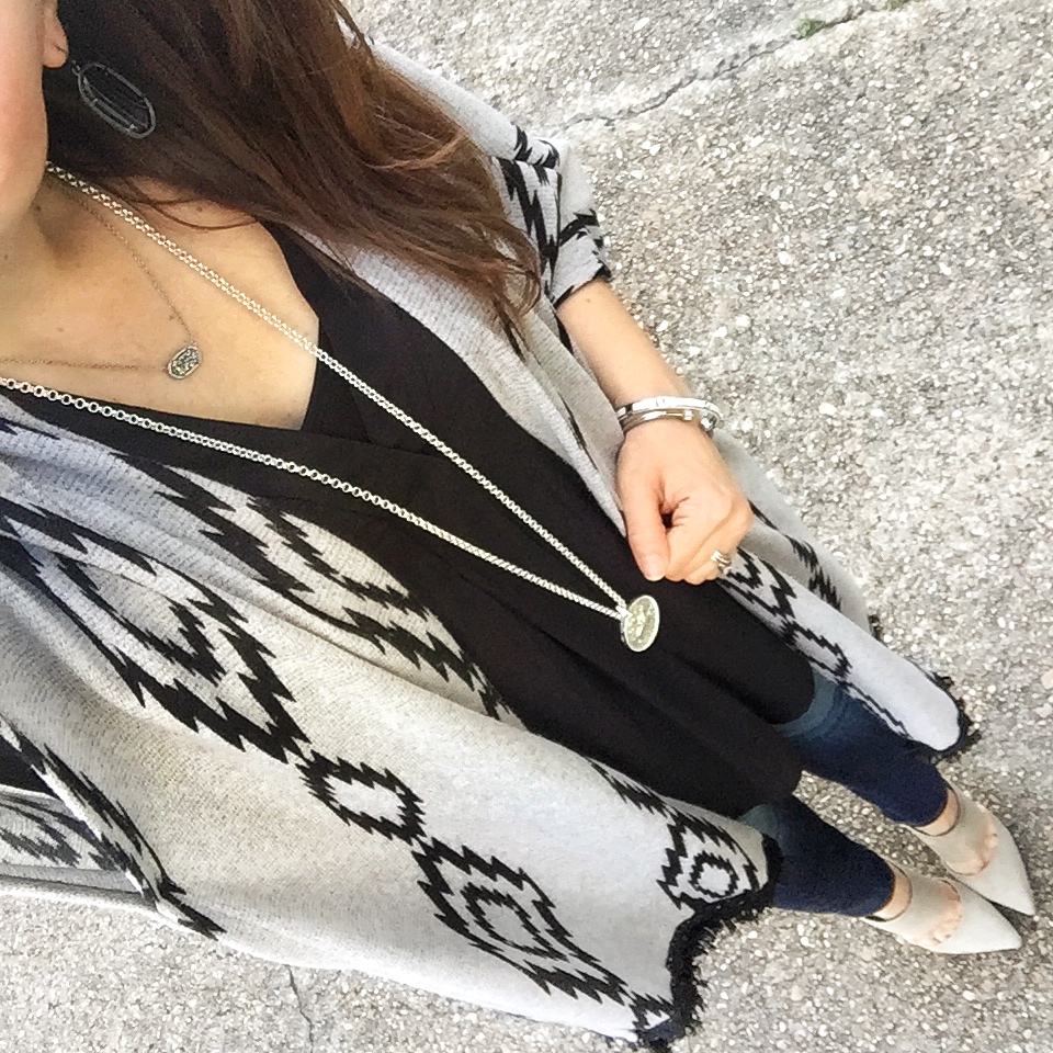 Layered fall outfit idea featuring a fringe kimono sweater from @karen.rock