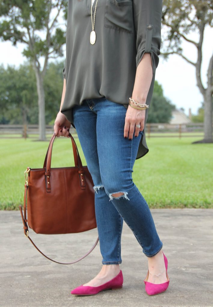Fall Outfit Ideas with distressed jeans and pink flats.
