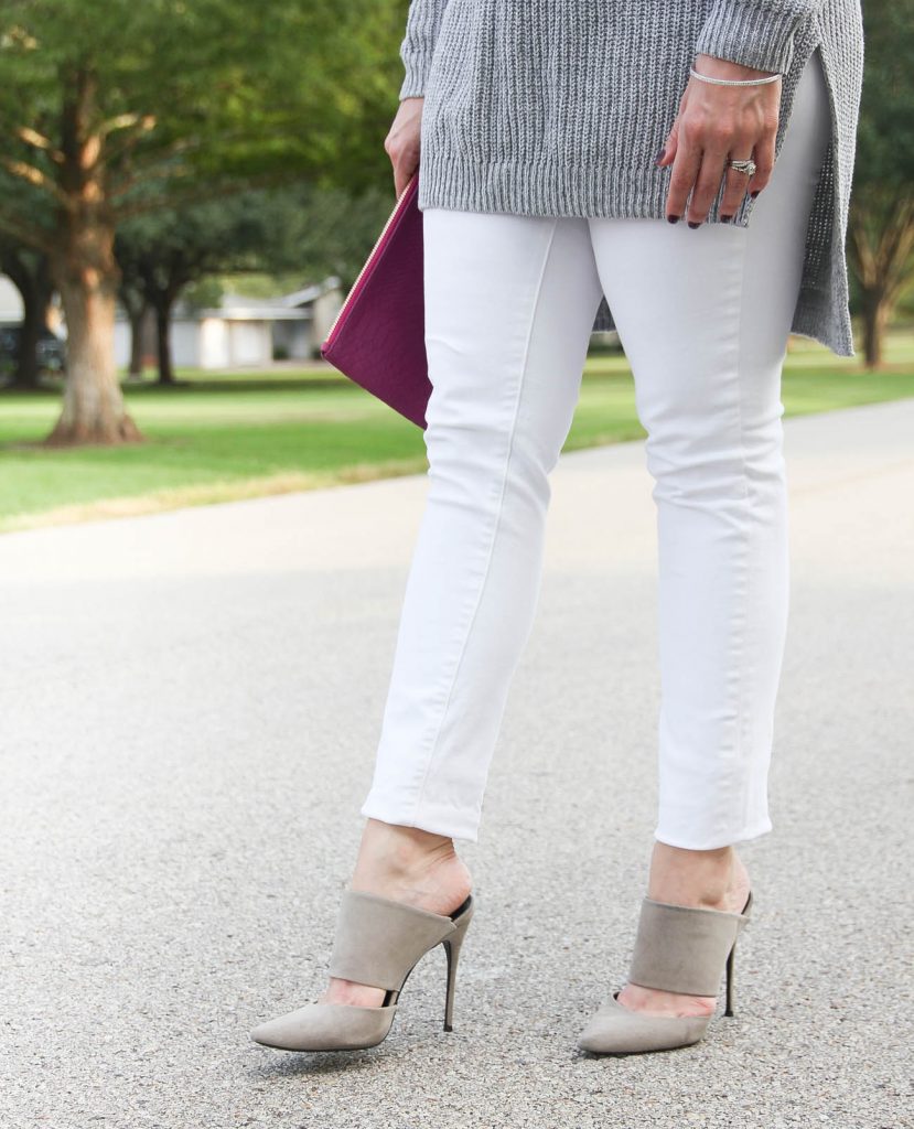 Houston Fashion Blogger, LadyinViolet wears the schutz suede mules with paige white denim.