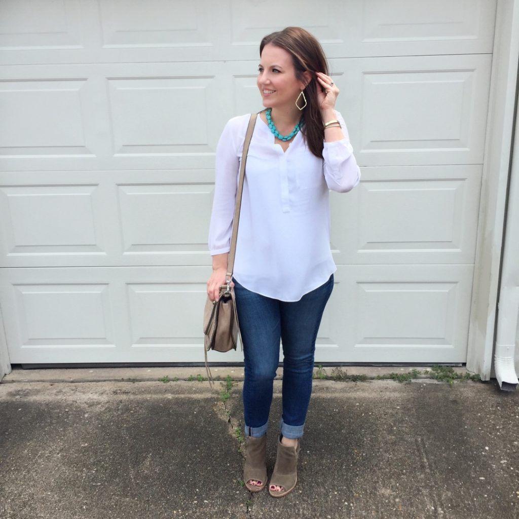 Casual Fall outfit idea with ankle boots and turquoise necklace.