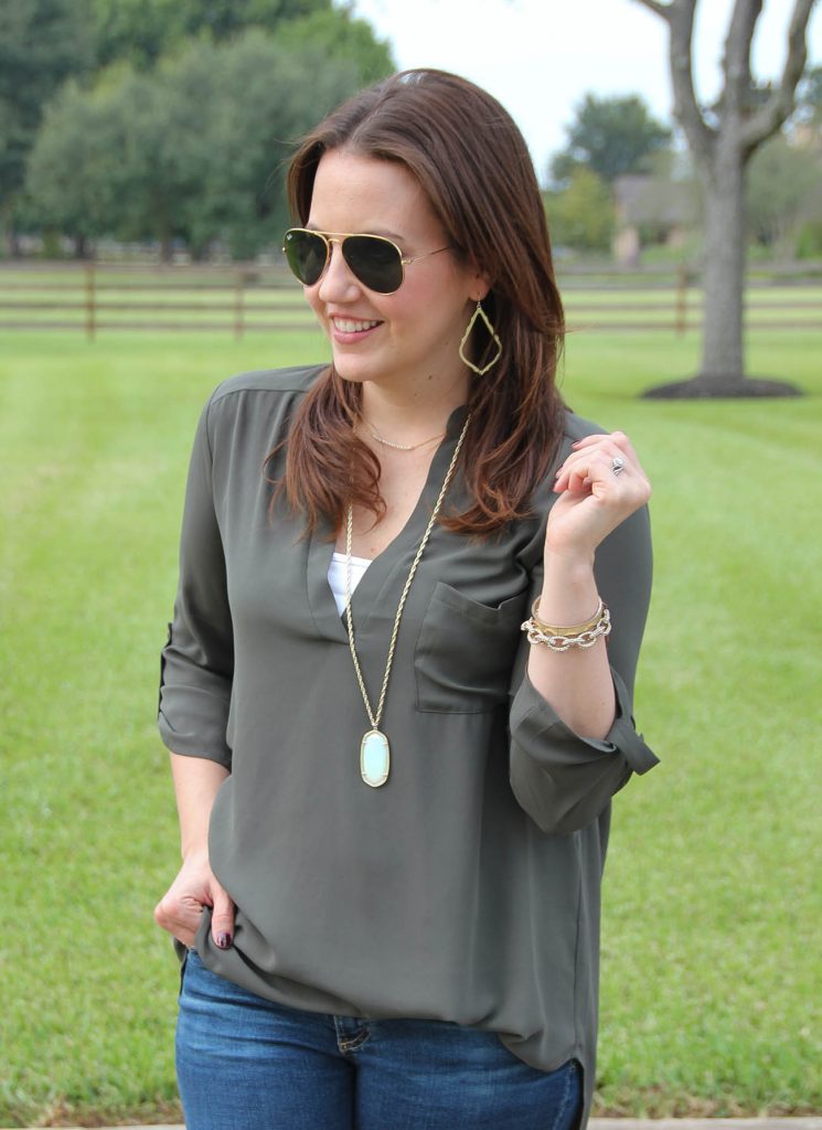 What to wear with an olive blouse in the fall.