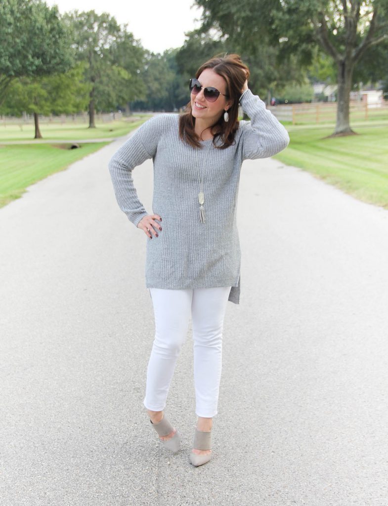 Houston Fashion Bloggers wears a gray sweater with white jeans for a casual friday outfit.