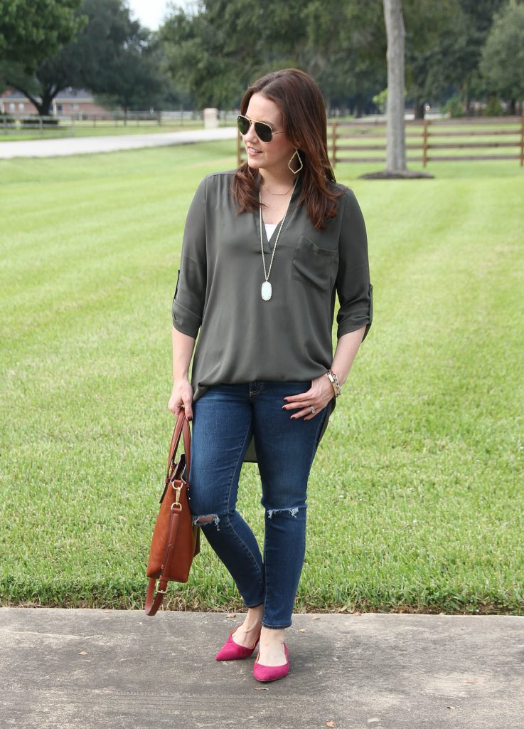 Fall Outfit for casual friday at work including an olive blouse and pink flats.