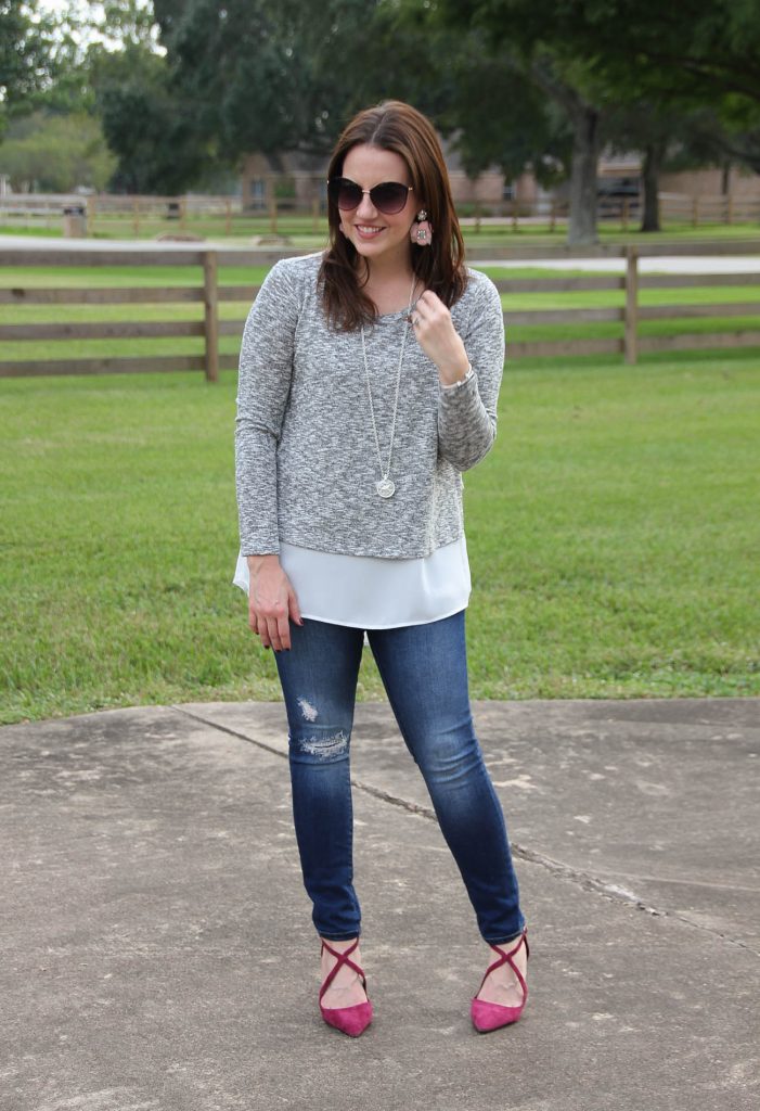 A fall weekend outfit idea including burgundy heels and a layered sweater top.