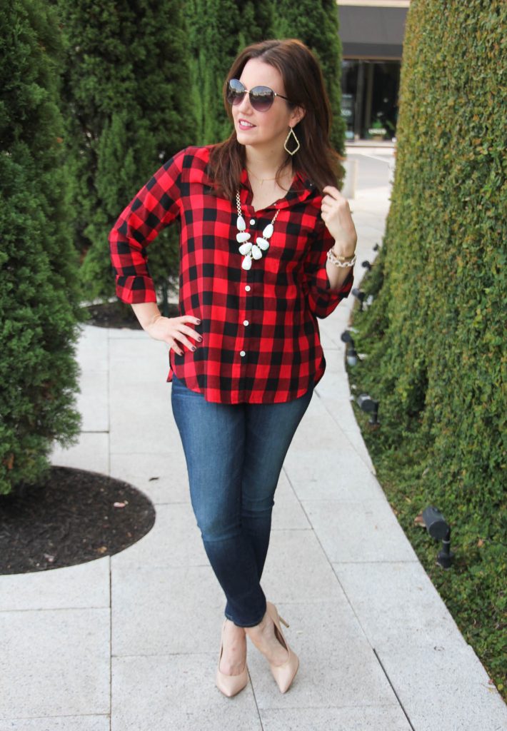 Red and store black shirt outfit