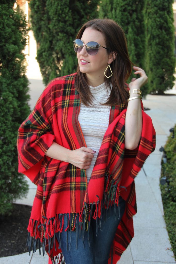 red plaid poncho weekend casual outfit idea