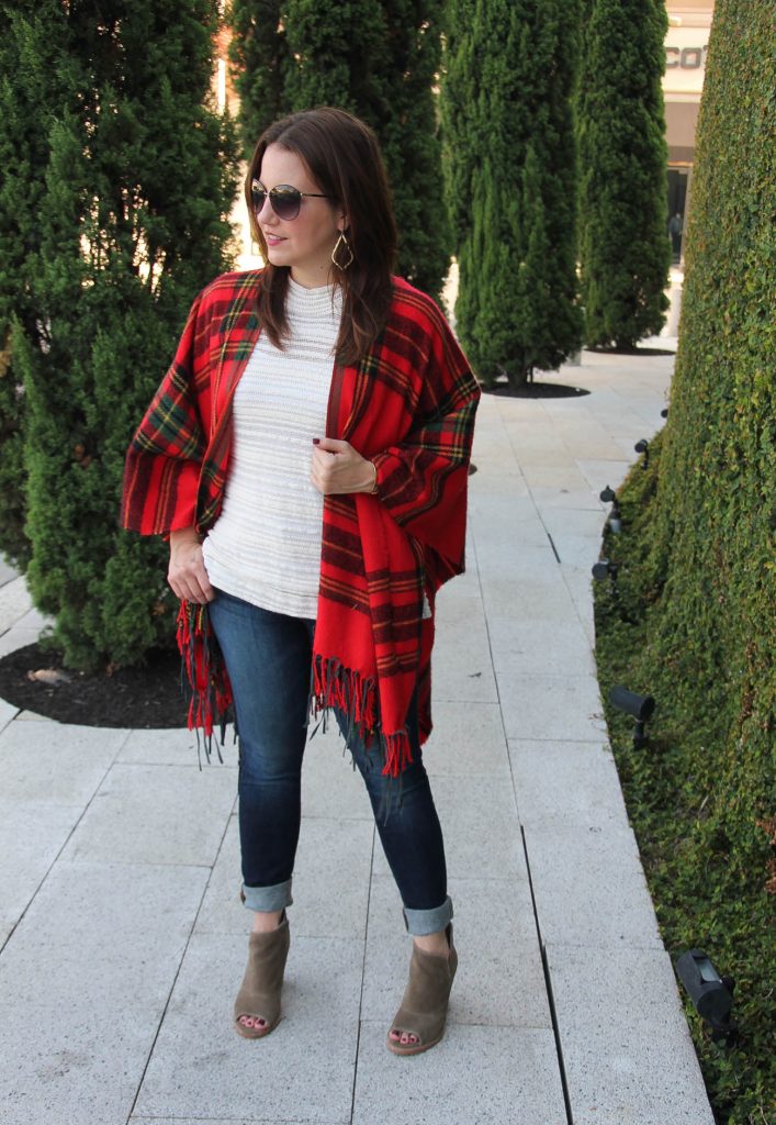 Houston Fashion Blogger fall outfit inspiration featuring a red plaid poncho.