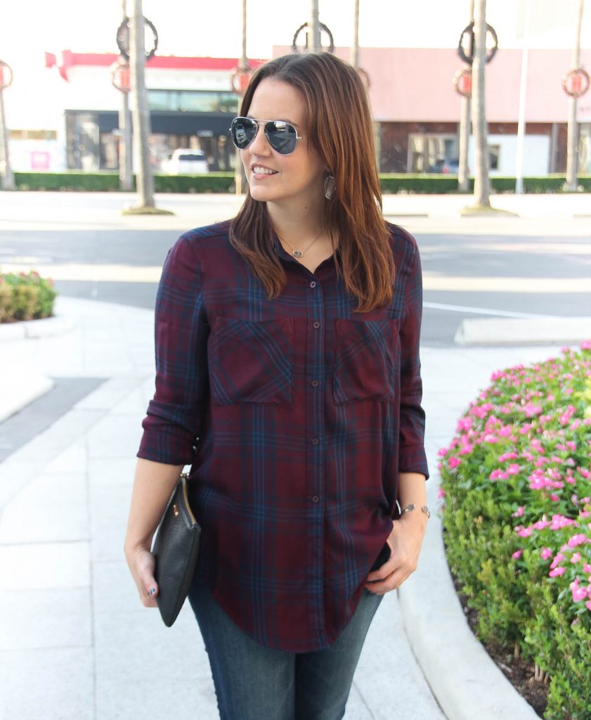 Lady in Violet wears a burgundy and navy plaid tunic from Nordstrom.