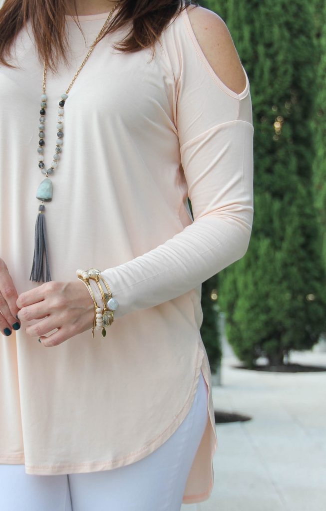 LadyinViolet shares how to wear blush in fall featuring a cold shoulder top.