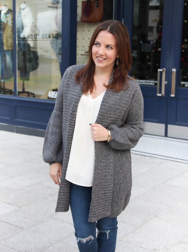 Houston Fashion Blogger, Karen Rock wears a layered casual outfit with a long cardigan and ivory swing tank.