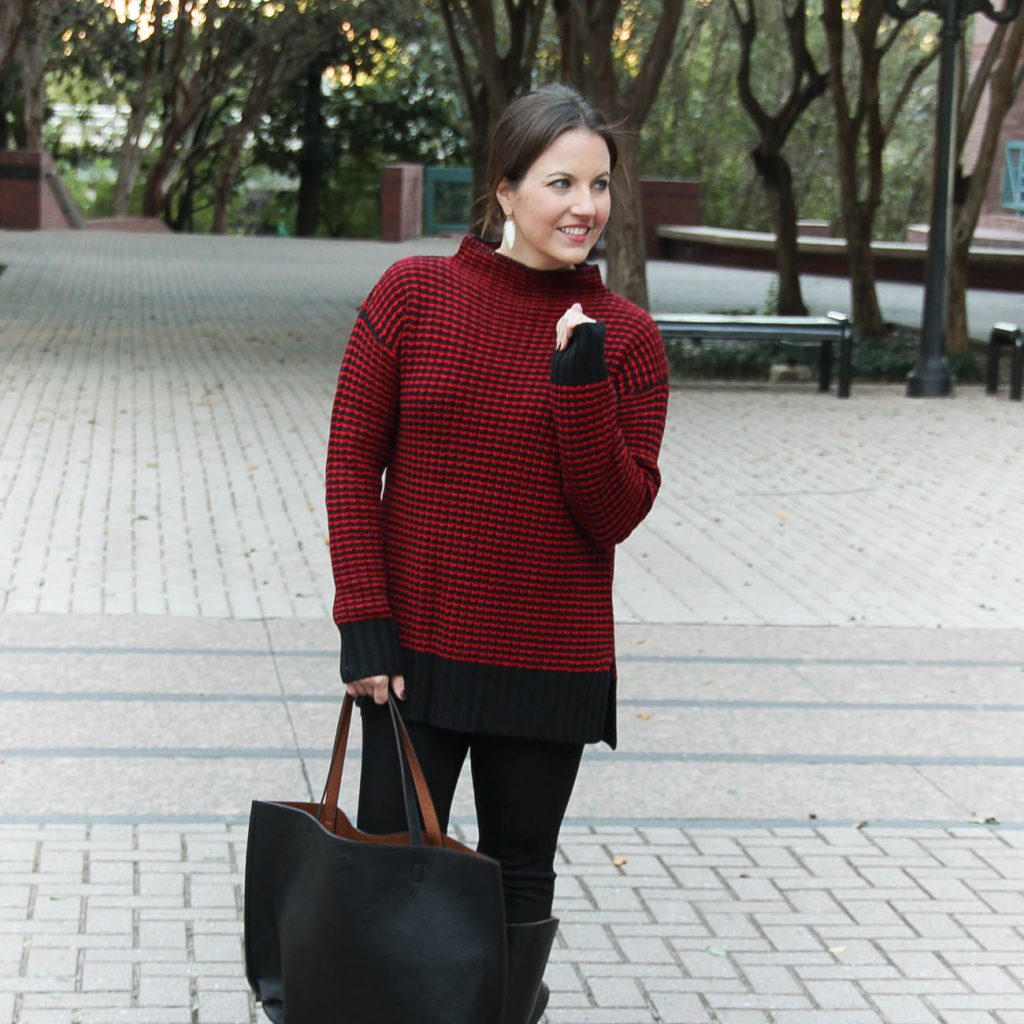 Houston Texas Fashion Blogger wears a Nordstrom red funnel neck sweater by Sanctuary and kendra scott skylar earrings in white.