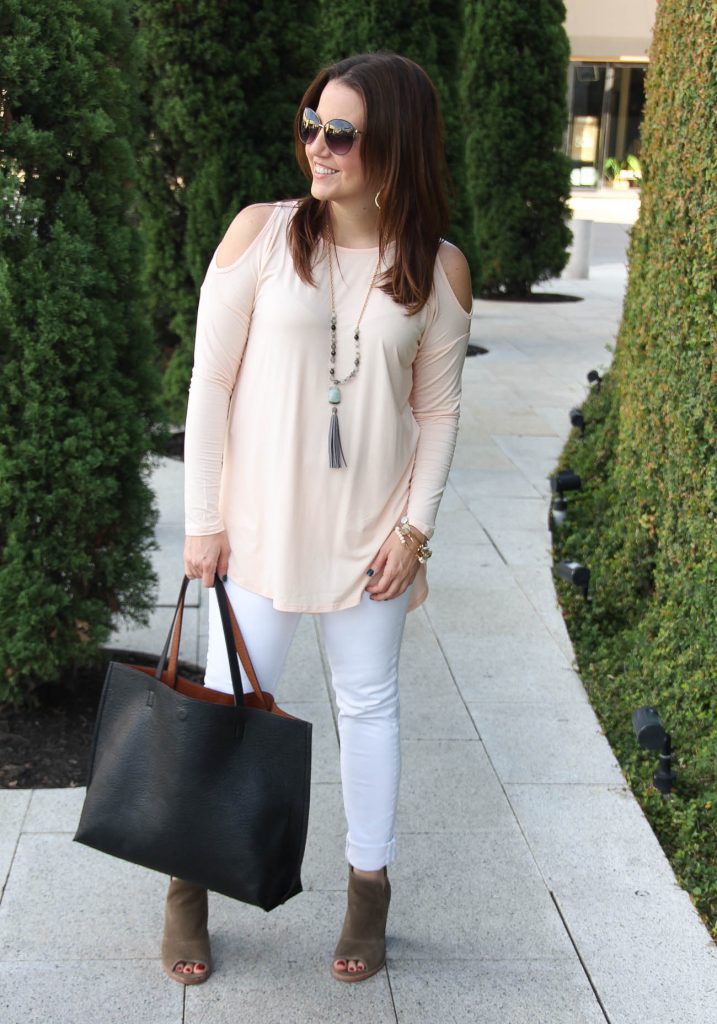 Houston Fashion Blogger wears a fall outfit idea with a blush pink top.