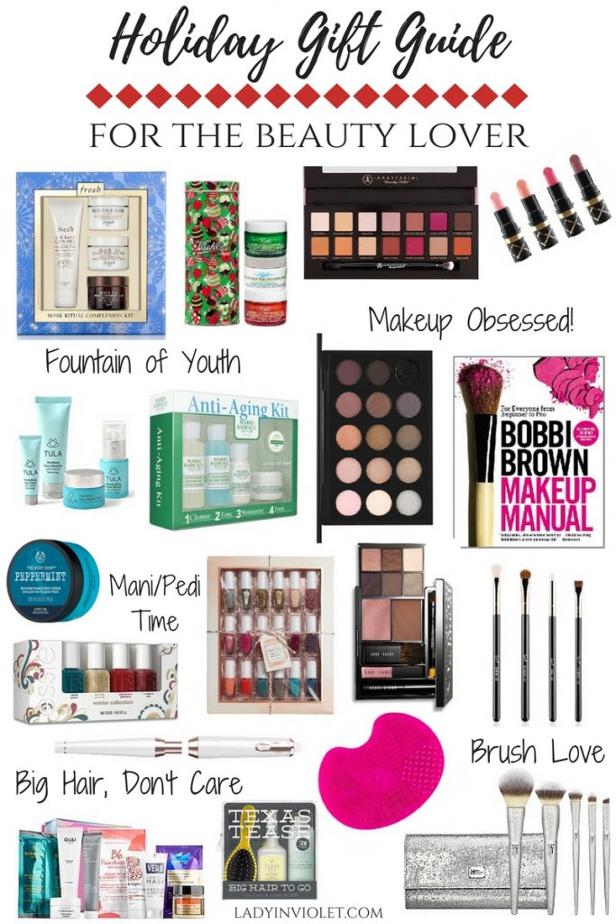 Holiday Gift Guide for the beauty lover including makeup palettes, brush sets, skincare gift sets, nail polish, and hair care products.