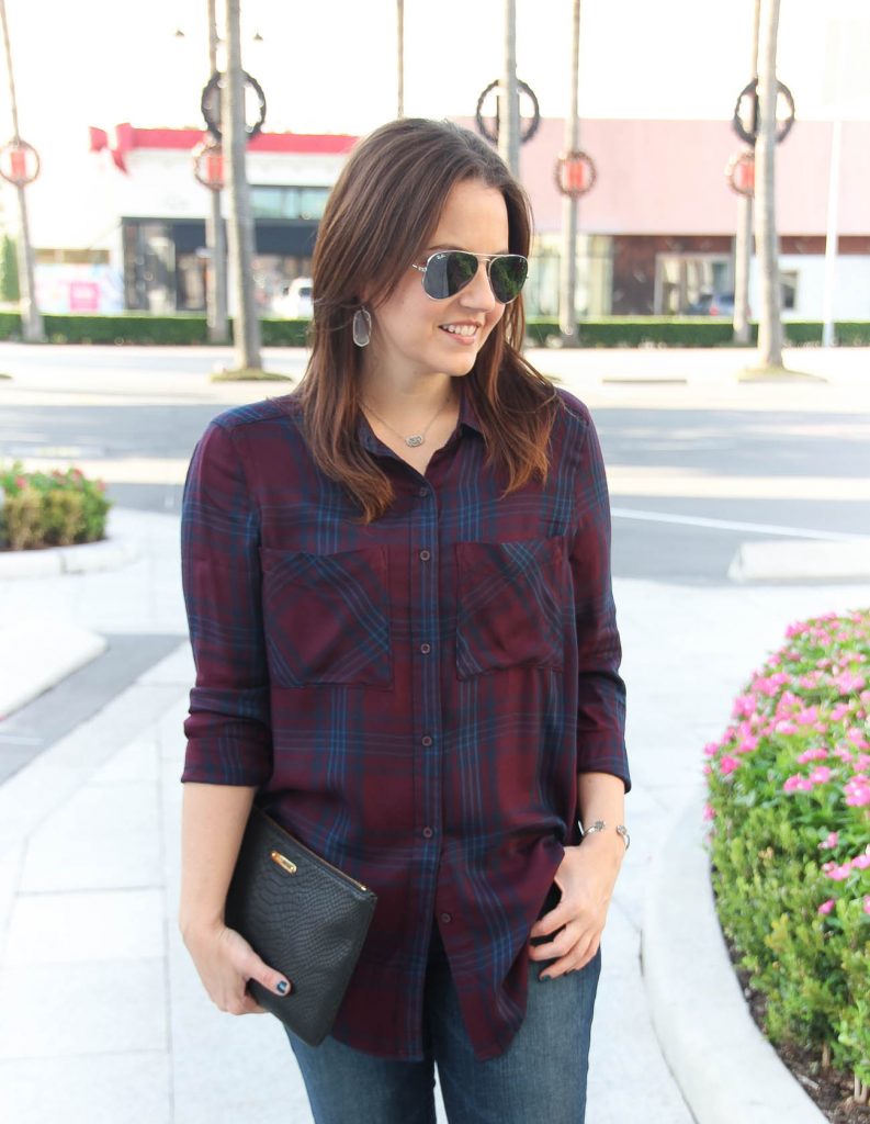 Houston Fashion Blogger, Lady in Violet wears a Nordstrom burgundy and navy plaid tunic and Kendra Scott silver jewelry.