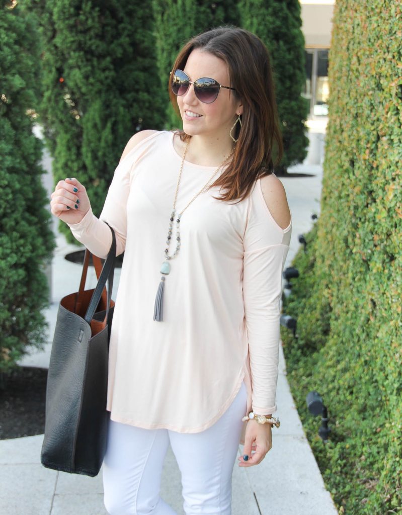 Houston Fashion Blogger, Lady in Violet wears a blush pink cold shoulder top from Nordstrom.