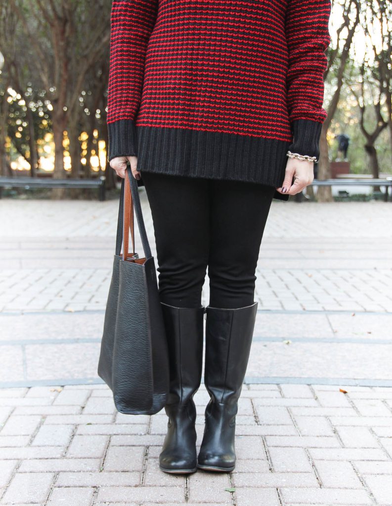 Houston Fashion Blogger, Lady in Violet shares how to wear black skinny jeans in winter with a black tote bag.