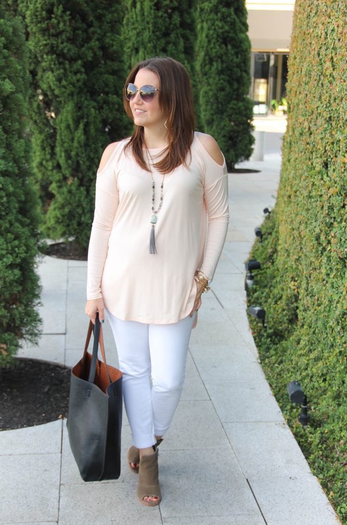 Houston Fashion Blogger shares a weekend outfit idea including a blush cold shoulder top and white jeans.