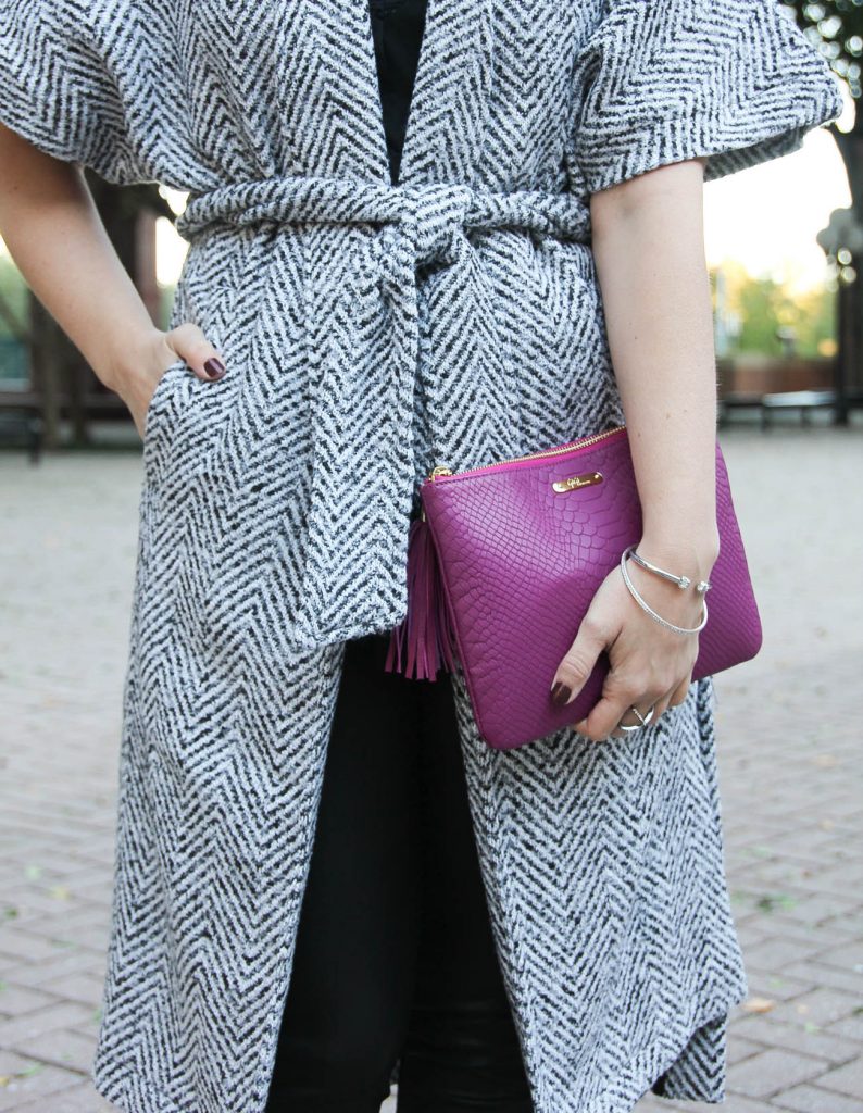 Karen Rock of Lady in Violet styles the Dao Chloe Dao wrap coat with the gigi new york magenta all in one bag.