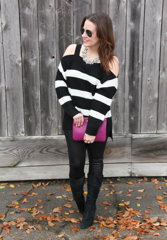 Houston Fashion Blogger Lady in Violet styles a new years eve outfit including a cold shoulder sweater, leather leggings and a statement necklace with suede boots.