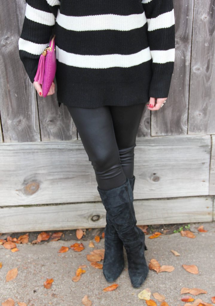 Houston Fashion Blogger Lady in Violet wears the best faux leather leggings under 50 dollars with black suede boots.