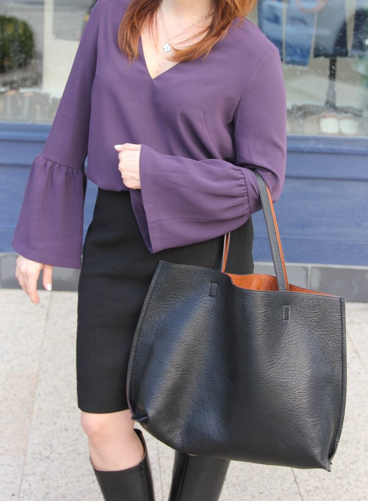 Houston Style Blogger Lady in Violet shares what to wear to the office including a bell sleeve blouse and pencil skirt.