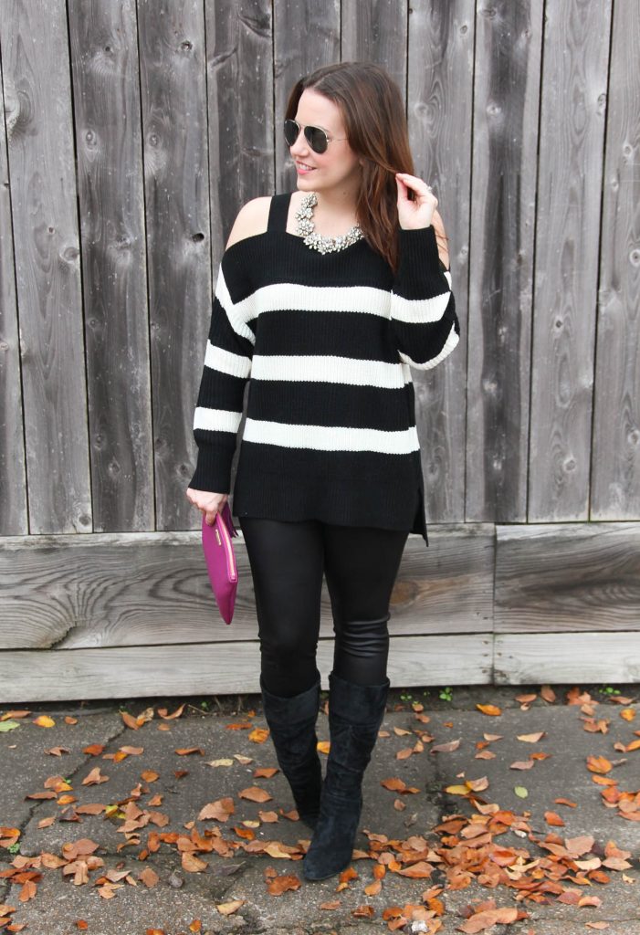 Houston Style Blogger, Karen Rock styles a winter outfit idea for a party featuring a cold shoulder sweater, faux leather leggings, and suede boots.