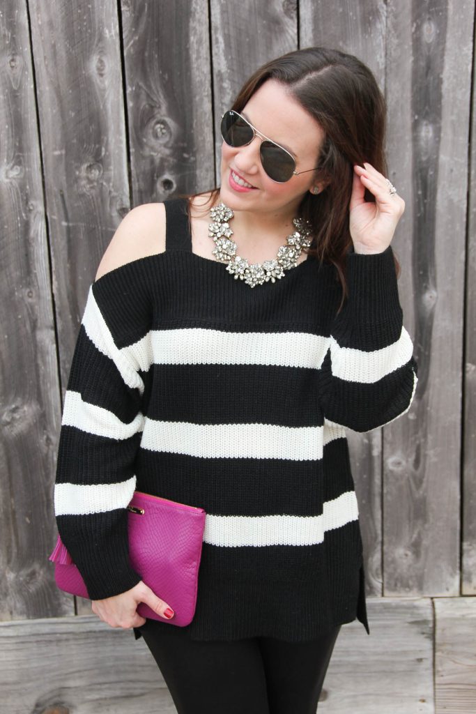 Texas Style Blogger Lady in Violet wears a cold shoulder sweater with a Baublebar statement necklace for a cold weather party outfit idea.