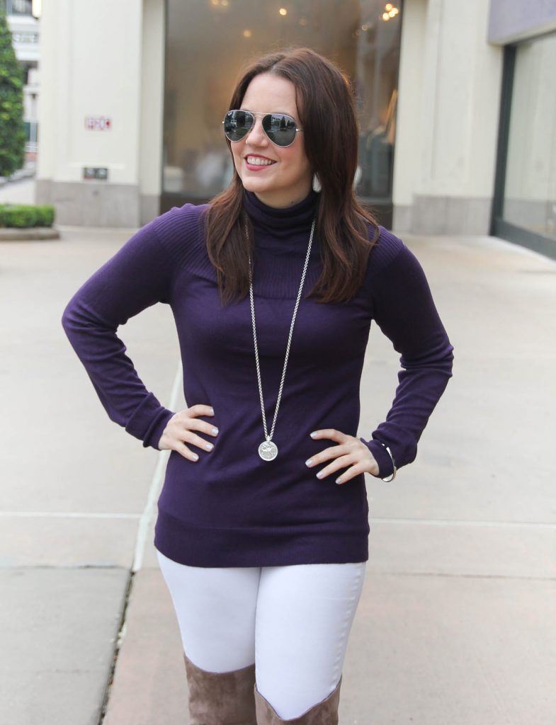 Houston Fashion Blogger Karen Rock styles a casual winter outfit including a turtleneck sweater with white skinny jeans and otk boots. Click through for outfit details.