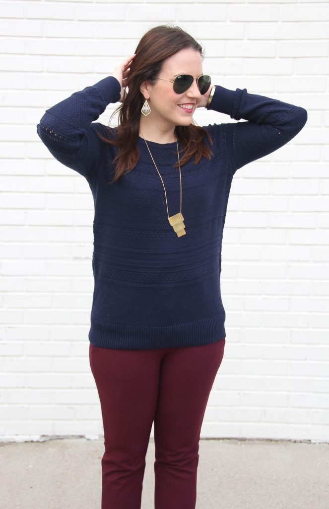 Houston fashion blogger Lady in Violet styles a color mixing work outfit idea featuring burgundy and navy colors.