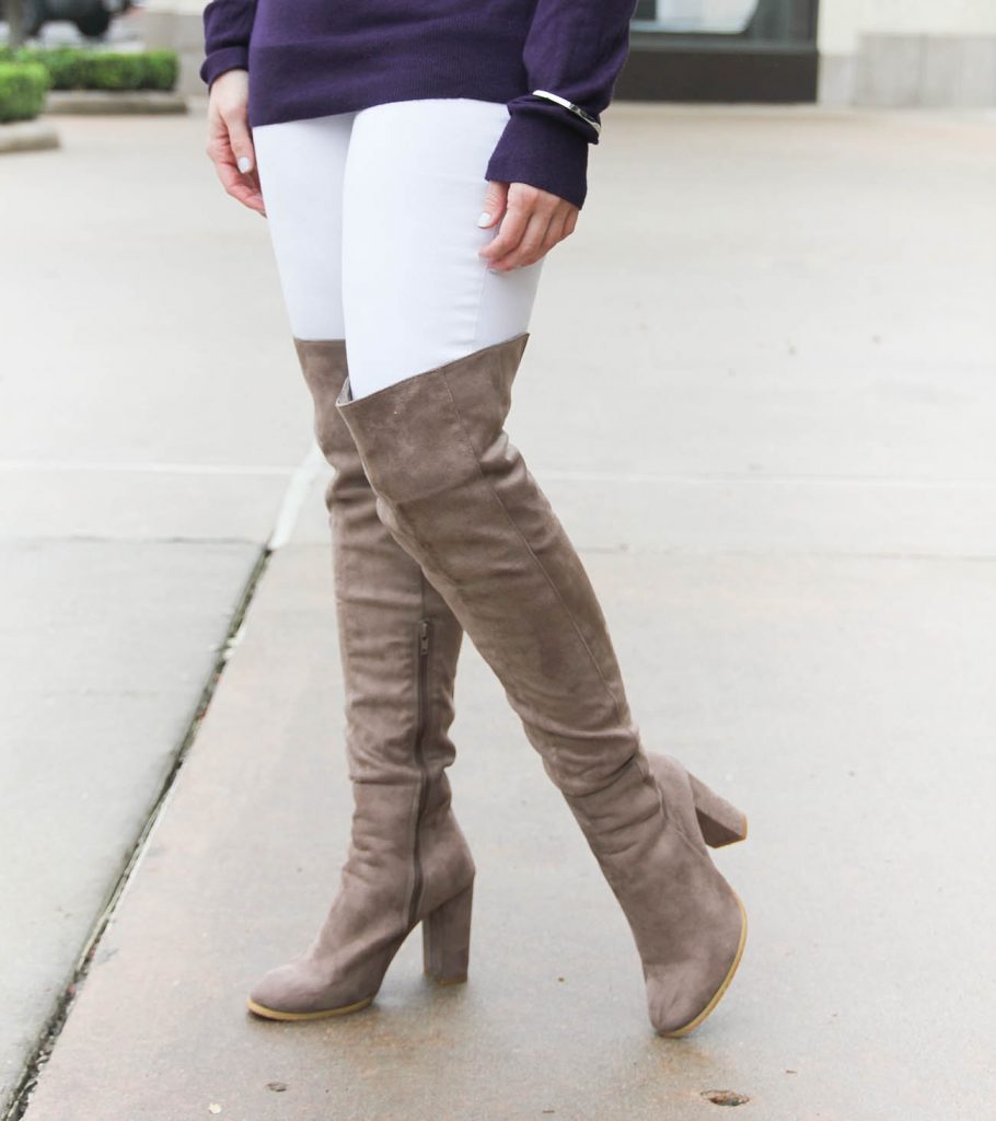 Houston Style Blogger Lady in Violet shows how to wear over the knee boots when you're short. Click through for outfit details.