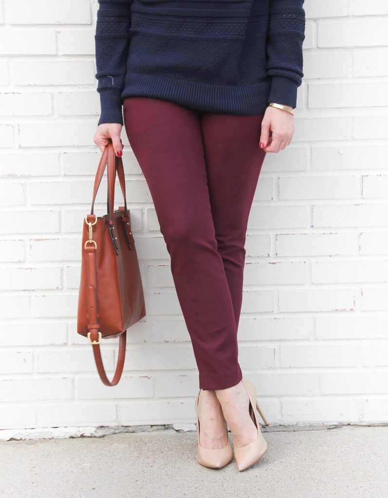 Houston fashion blogger shares what to wear with burgundy pants for work.