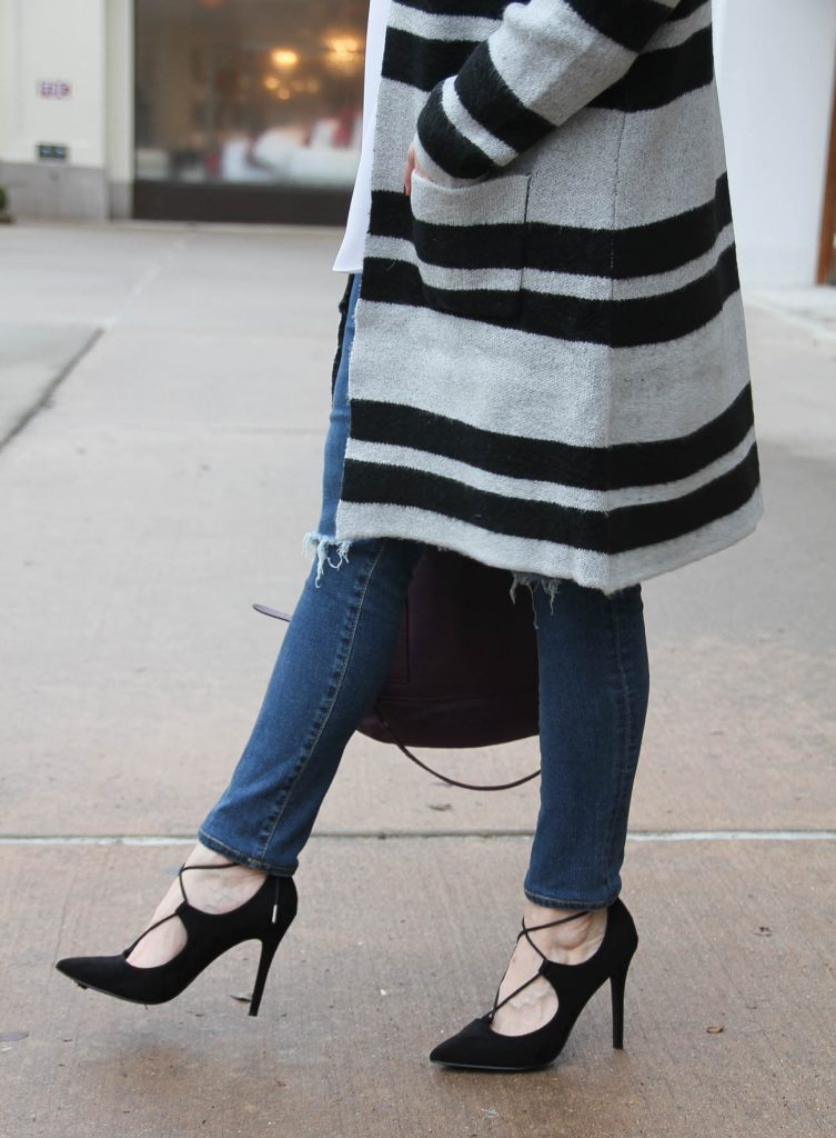 Karen Rock of Lady in Violet shares what to wear with lace up heels for a winter outfit idea. Click through for outfit information.