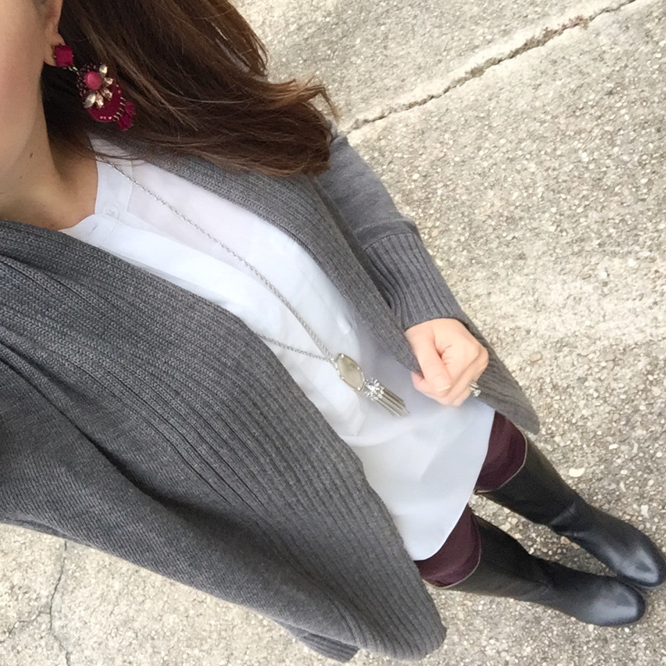 Houston Style Blogger Lady in Violet wears a casual outfit for work including riding boots and maroon jeans. Click through for outfit details.