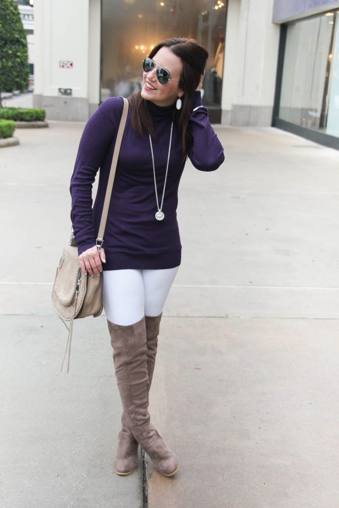 Houston Fashion Blogger wears a casual winter outfit including a purple fitted sweater with white jeans and taupe over the knee boots. Click through for outfit details.