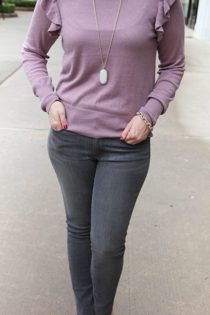 Houston Fashion Blogger styles a winter outfit including skinny jeans, a purple sweater, and the Kendra Scott Rae Necklace. Click through for outfit info.
