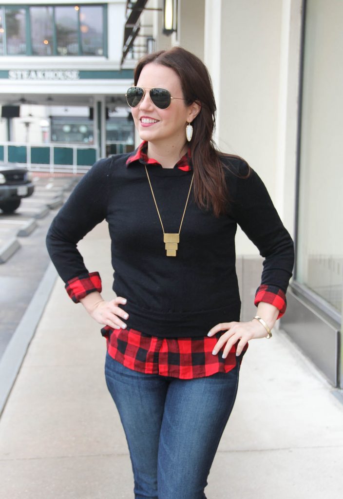 Houston Fashion Blogger Lady in Violet styles a winter weekend outfit idea including a jcrew sweater and old navy plaid shirt.