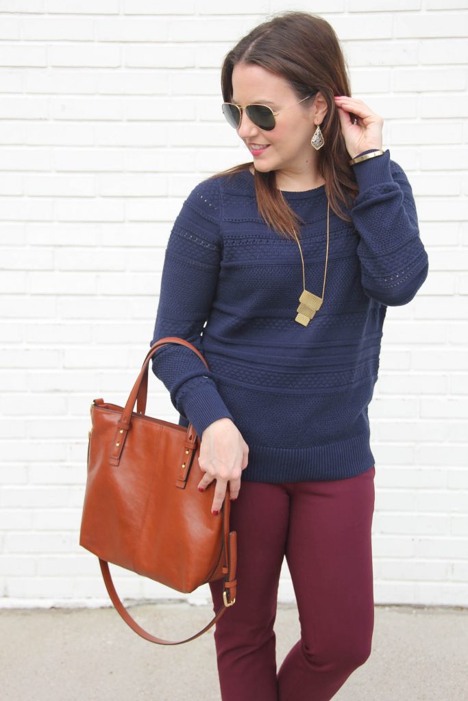 Houston Fashion Blogger Lady in Violet wears a winter work outfit from loft including a navy sweater and skinny work pants.