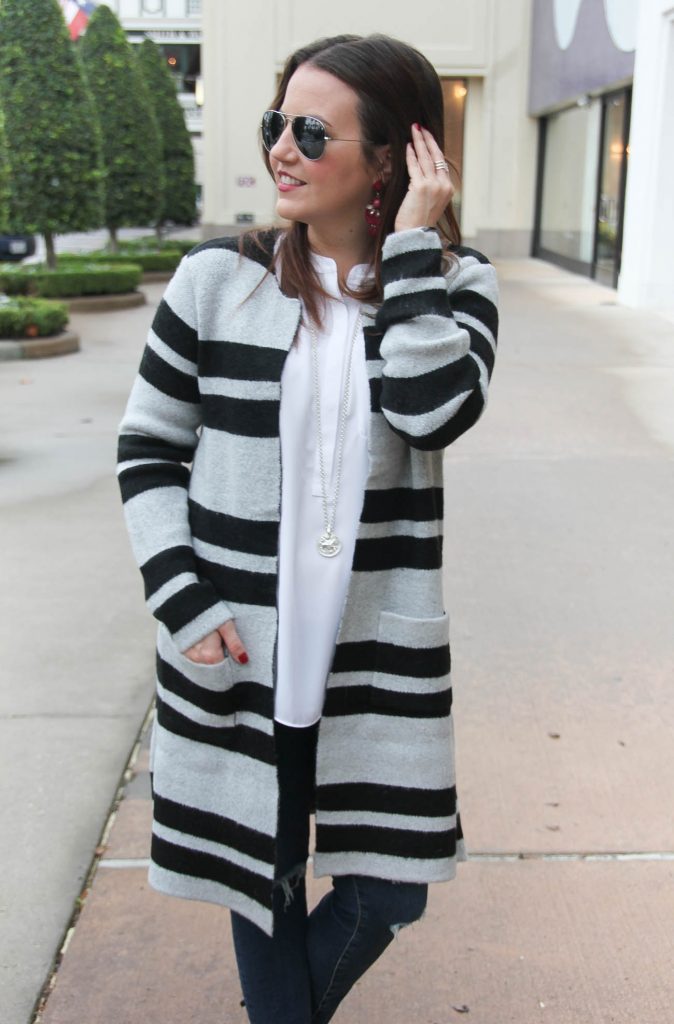 Houston Style Blogger Lady in Violet wears a long striped sweater coat for a winter weekend brunch outfit. Click through for outfit details.
