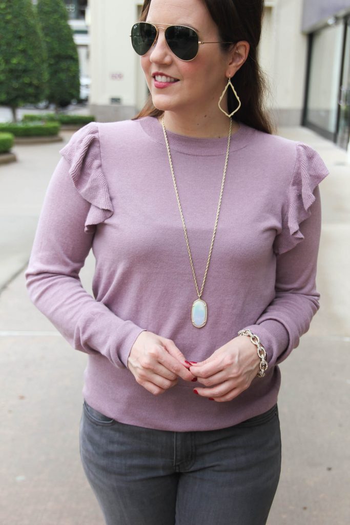 Lady in Violet of Houston shows what jewelry to wear with ruffle sweaters. Click through for jewelry info.