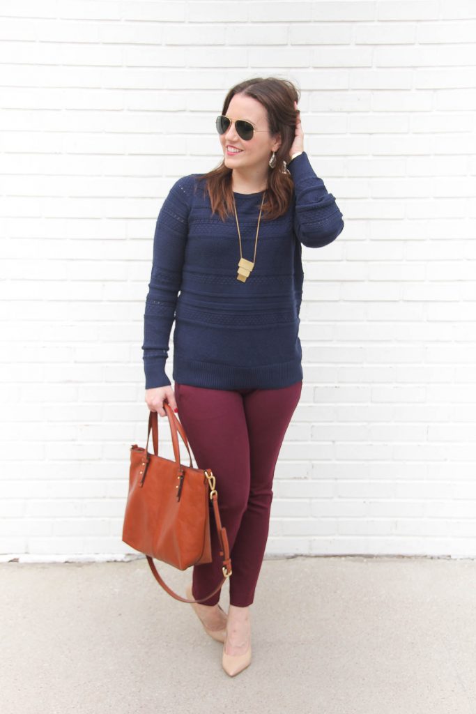 Houston Blogger Lady in Violet styles a winter work outfit featuring a cable knit sweater with skinny work pants.