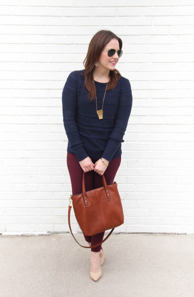 Houston Fashion Blogger Karen Rock of Lady in Violet styles a winter work outfit idea with a dark blue sweater and maroon pants with nude heels.