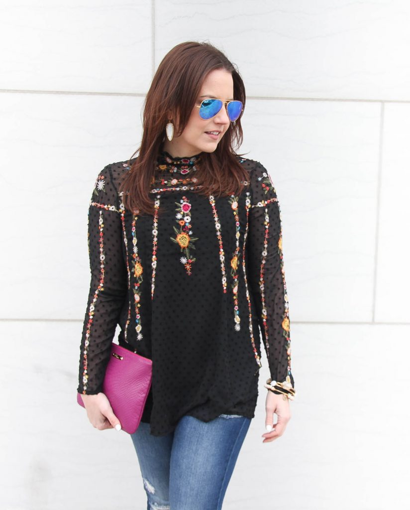 Lady in Violet, a Houston based Fashion Blogger wears a Chicwish embroidered top for date night.