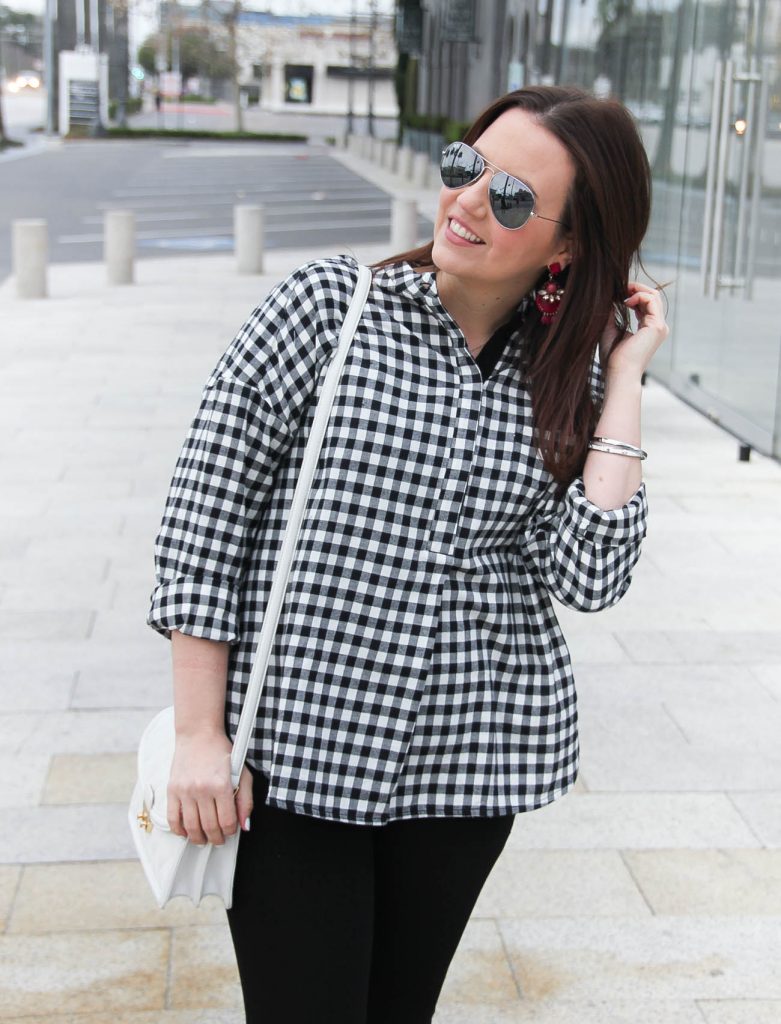 Houston Style blogger shares the it top for spring, an oversized gingham top with baublebar berry statement earrings.