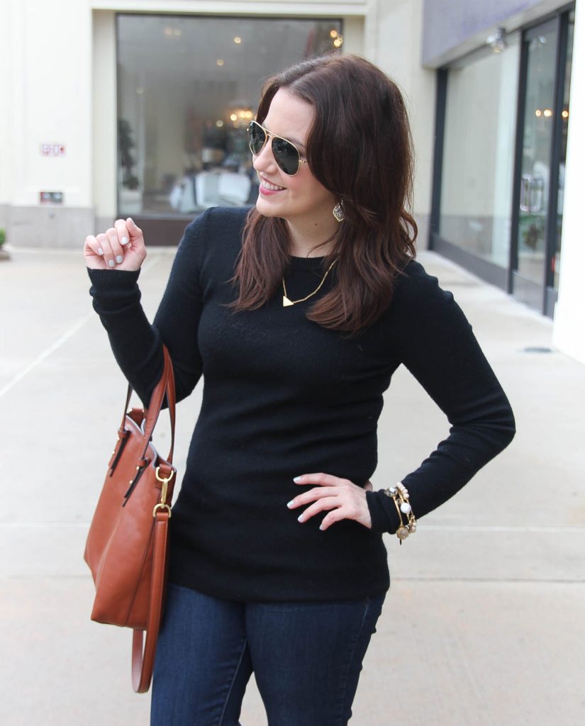 Houston Fashion Blogger wears a JCrew black ribbed knit sweater with the Vera Bradley sagebrush satchel in mesa brown.