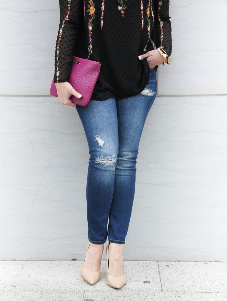 Lady in Violet, a Houston based Fashion Blogger wears a Chicwish embroidered top for date night.